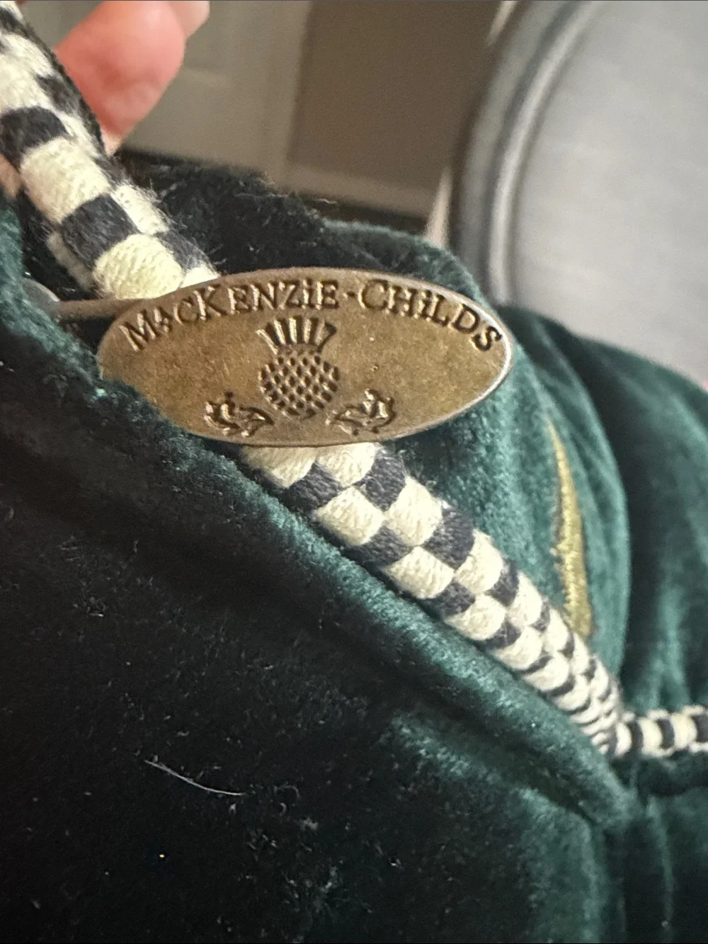MacKenzie-Childs Emerald Green Velvet Accent with Brass Pineapple Tag